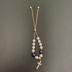 Adjustable Gold and Blue Evil Eye Beaded Bracelet